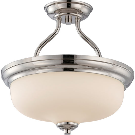 Nuvo Kirk 13in 2-Light Semi-Flush Mount | Transitional Polished Nickel and Etched Opal Glass | Hallway & Bedroom | 13 x 12.75 in | Model 62-384