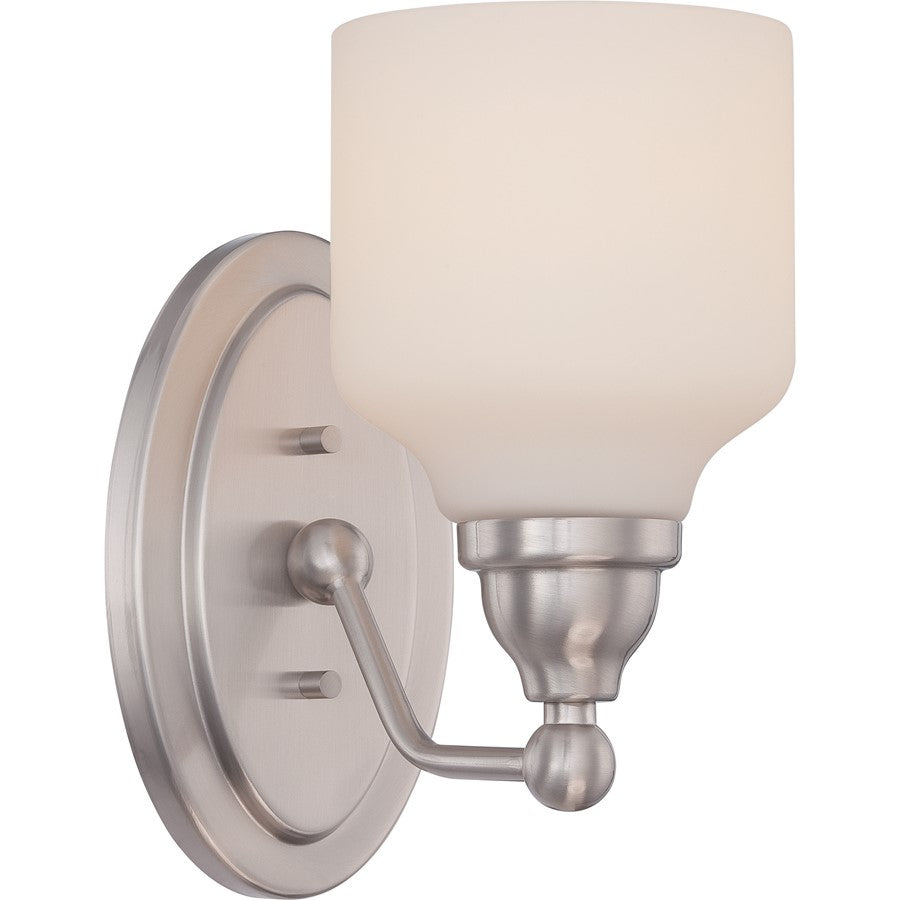 Nuvo Kirk 1-Light Vanity Light | Transitional Polished Nickel and Satin White Glass | Bathroom Vanity & Powder Room | 809 Lumens, 2700K | Model 62-386