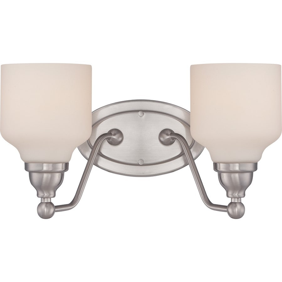Nuvo Kirk 15in 2-Light Vanity Light | Transitional Polished Nickel and Satin White Glass | Bathroom Vanity | 15 x 8.25 in | Model 62-387
