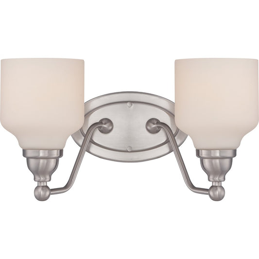 Nuvo Kirk 15in 2-Light Vanity Light | Transitional Polished Nickel and Satin White Glass | Bathroom Vanity | 15 x 8.25 in | Model 62-387