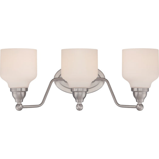 Nuvo Kirk 21in 3-Light Vanity Light | Transitional Polished Nickel and Satin White Glass | Bathroom Vanity | 21 x 8.25 x 8.12 in | Model 62-388