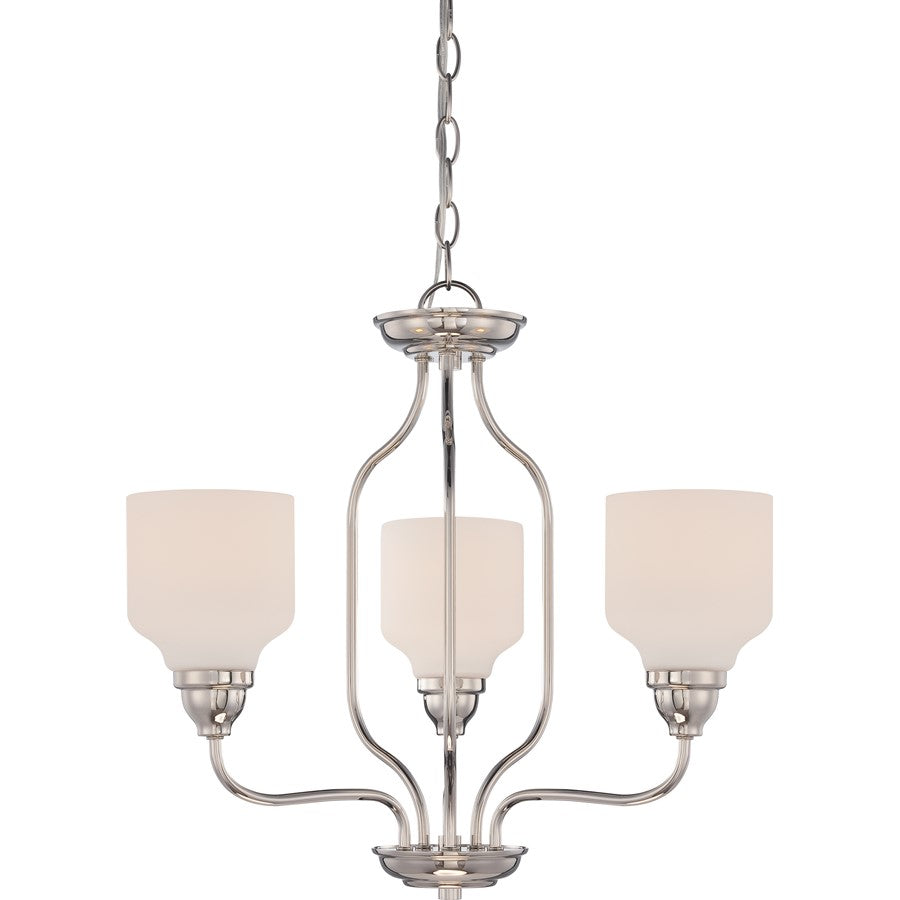 Nuvo Kirk 21in 3-Light Chandelier | Transitional Polished Nickel and Satin White Glass | Dining Room & Living Room | 20.88 x 20.88 x 19.12 | Model 62-389