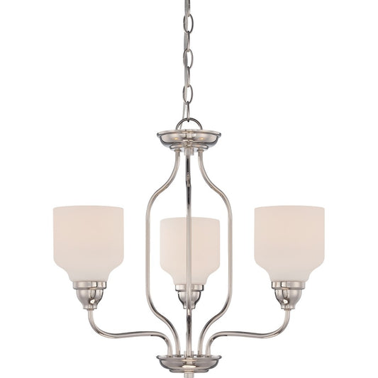 Nuvo Kirk 21in 3-Light Chandelier | Transitional Polished Nickel and Satin White Glass | Dining Room & Living Room | 20.88 x 20.88 x 19.12 | Model 62-389