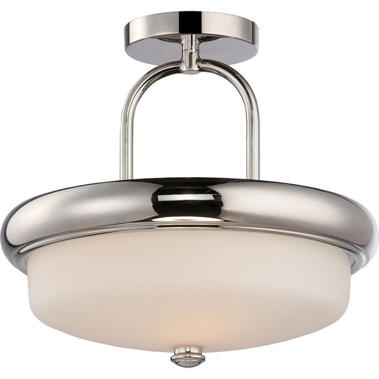Nuvo Dylan 13in 2-Light Semi Flush Mount | Transitional Polished Nickel and Etched Opal Glass | Hallway & Bedroom | 13 x 13 x 12 in | Model 62-404