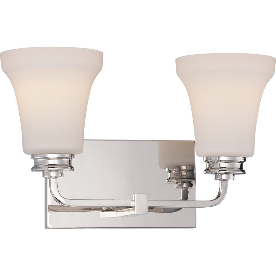 Nuvo Cody 14.88in 2-Light Vanity Light | Transitional Polished Nickel and Satin White Glass | Bathroom Vanity | 14.88 x 9 x 7 in | Model 62-427