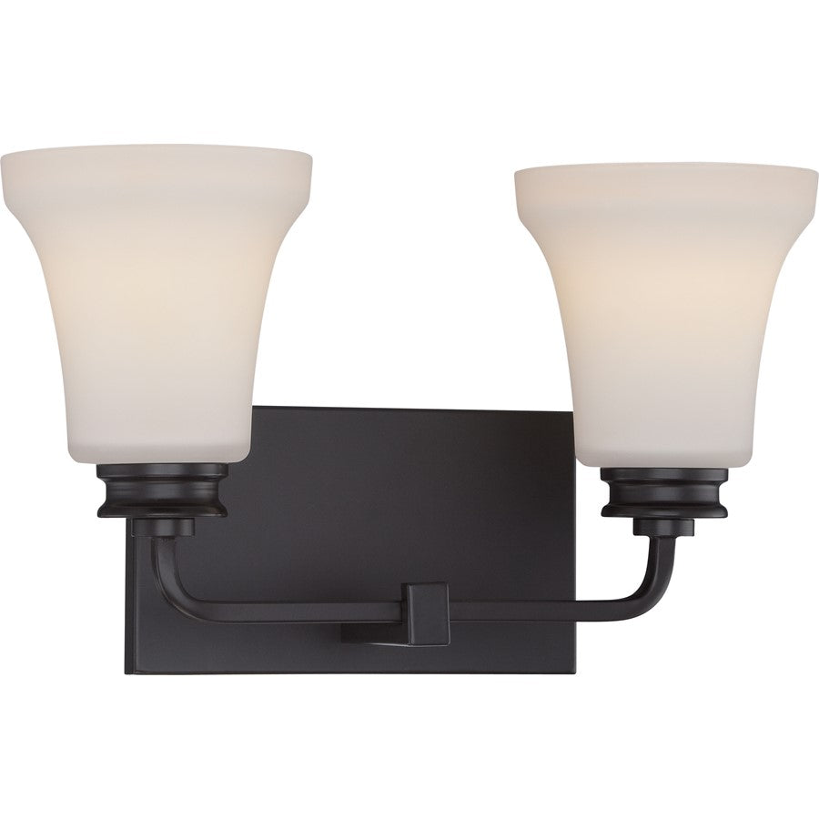 Nuvo Cody 14.88in 2-Light Vanity Light | Transitional Mahogany Bronze and Satin White Glass | Bathroom Vanity | 14.88 x 7 x 9 in | Model 62-437