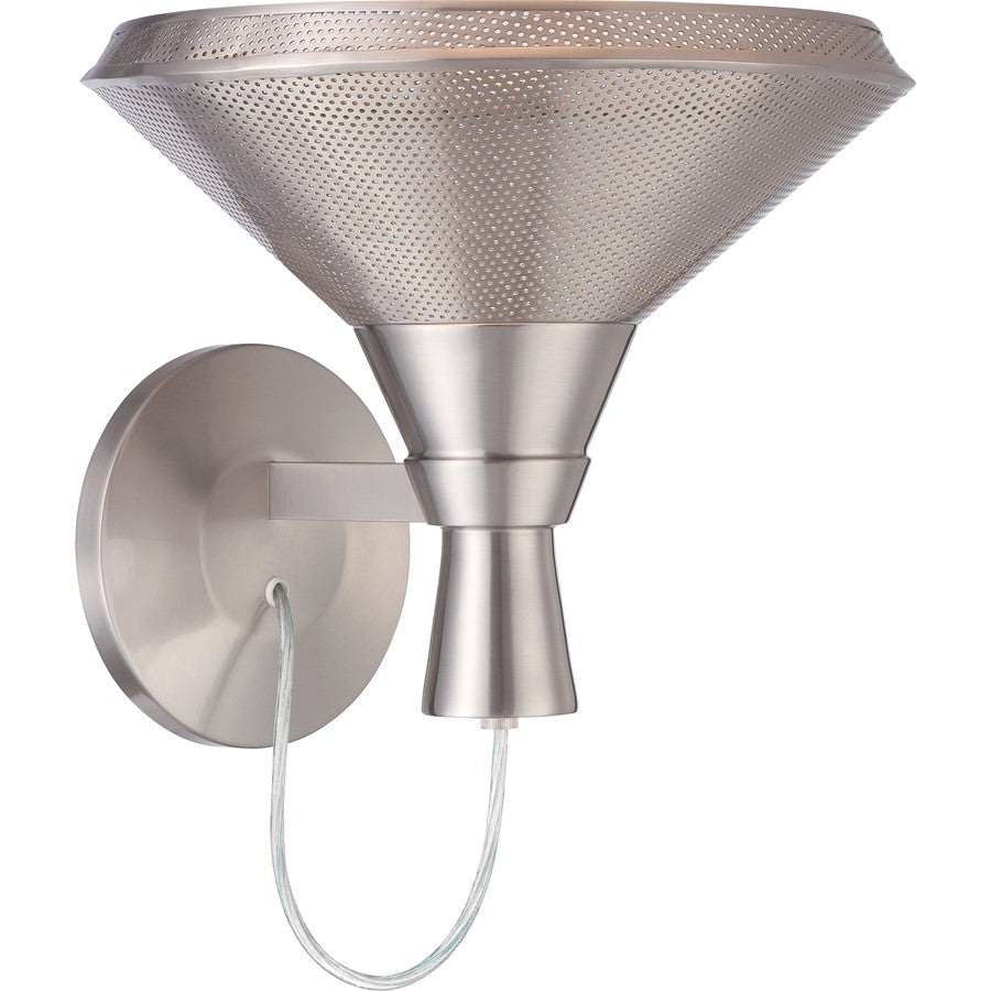 Nuvo Luger 1-Light Wall Sconce | Transitional Satin Steel and Perforated Metal Shade | Hallway & Bathroom Accent Light | 860 Lumens, 2700K | Model 62-474