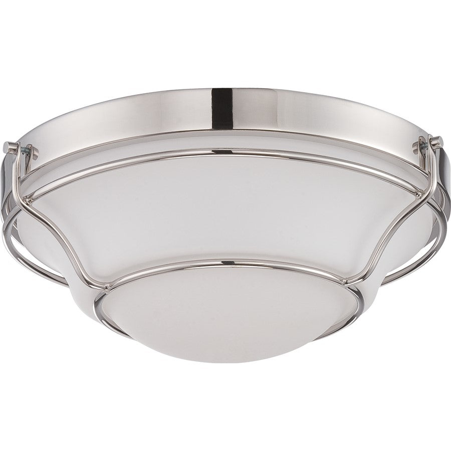 Nuvo Baker 13in 1-Light LED Flush Mount | Transitional Polished Nickel and Satin White Glass | Bedroom & Hallway | 13 x 13 x 5 in, 1150 | Model 62-529