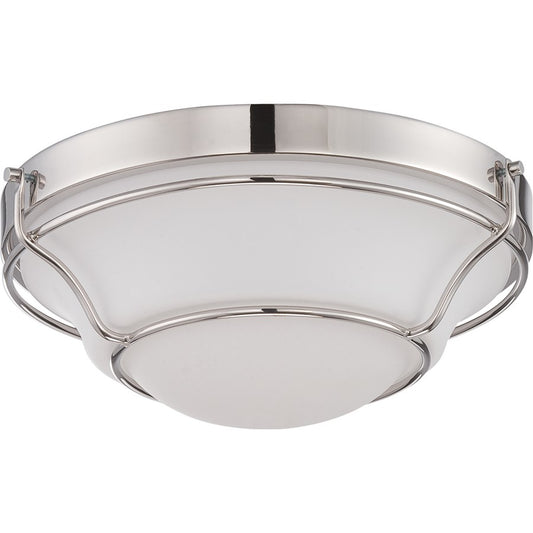 Nuvo Baker 13in 1-Light LED Flush Mount | Transitional Polished Nickel and Satin White Glass | Bedroom & Hallway | 13 x 13 x 5 in, 1150 | Model 62-529