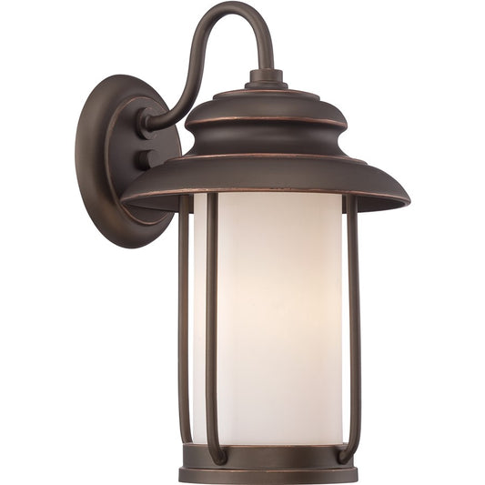 Nuvo Bethany 8.5in 1-Light Outdoor Wall Sconce | Transitional Mahogany Bronze and Satin White Glass | Covered Patios & Entryways | 8.5 x | Model 62-631