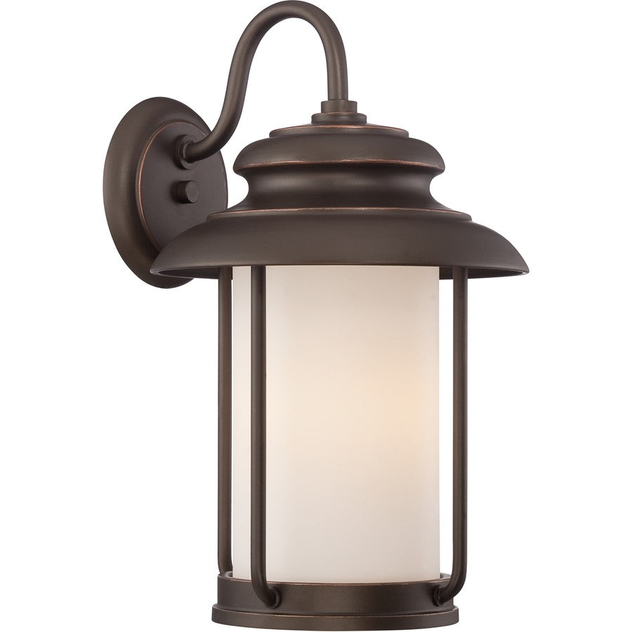 Nuvo Bethany 10in 1-Light Outdoor Wall Lantern | Transitional Mahogany Bronze and Satin White Glass | Covered Patios & Entryways | 10 x | Model 62-632