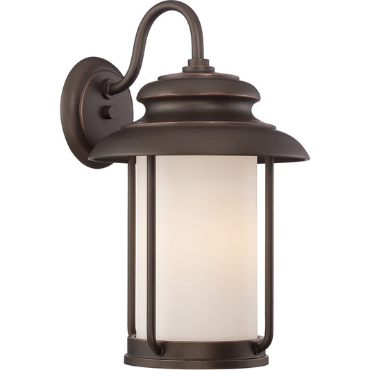 Nuvo Bethany 10in 1-Light Outdoor Wall Lantern | Transitional Mahogany Bronze and Satin White Glass | Covered Patios & Entryways | 10 x | Model 62-632