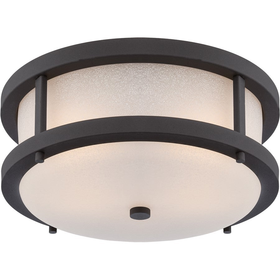 Nuvo Willis 14in 2-Light Outdoor Flush Mount | Transitional Textured Black and Antique White Glass | Covered Patio & Entryway | 13.75 x | Model 62-653