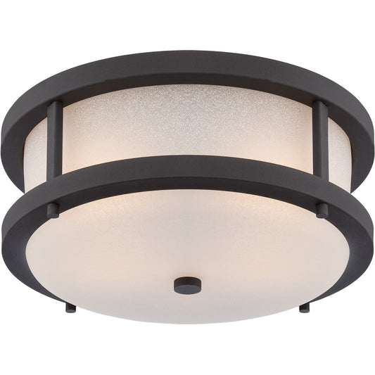 Nuvo Willis 14in 2-Light Outdoor Flush Mount | Transitional Textured Black and Antique White Glass | Covered Patio & Entryway | 13.75 x | Model 62-653
