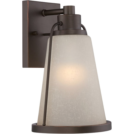Nuvo Tolland 12.5in 1-Light Outdoor Wall Sconce | Transitional Mahogany Bronze and Champagne Linen Glass | Covered Patio & Entryway | 7.5 x | Model 62-681