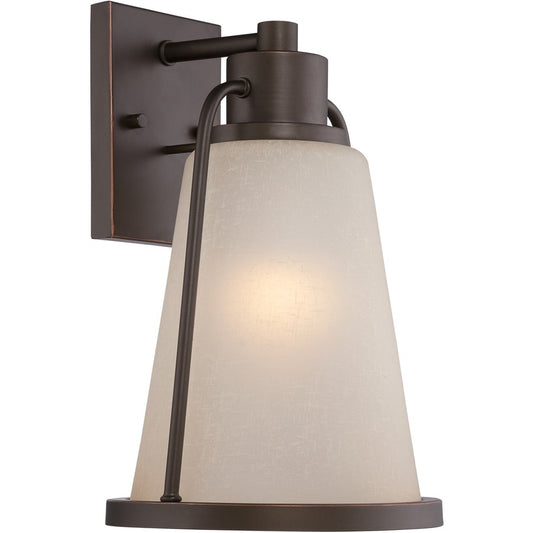 Nuvo Tolland 9in 1-Light Outdoor Wall Sconce | Transitional Mahogany Bronze and Champagne Linen Glass | Covered Patio & Entryway | 9 x 9.38 | Model 62-682