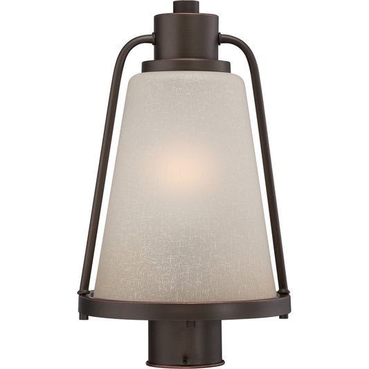 Nuvo Tolland 15in 1-Light Outdoor Post Light | Transitional Mahogany Bronze and Champagne Linen Glass | Entryway & Porch | 9 x 15.25 in | Model 62-684