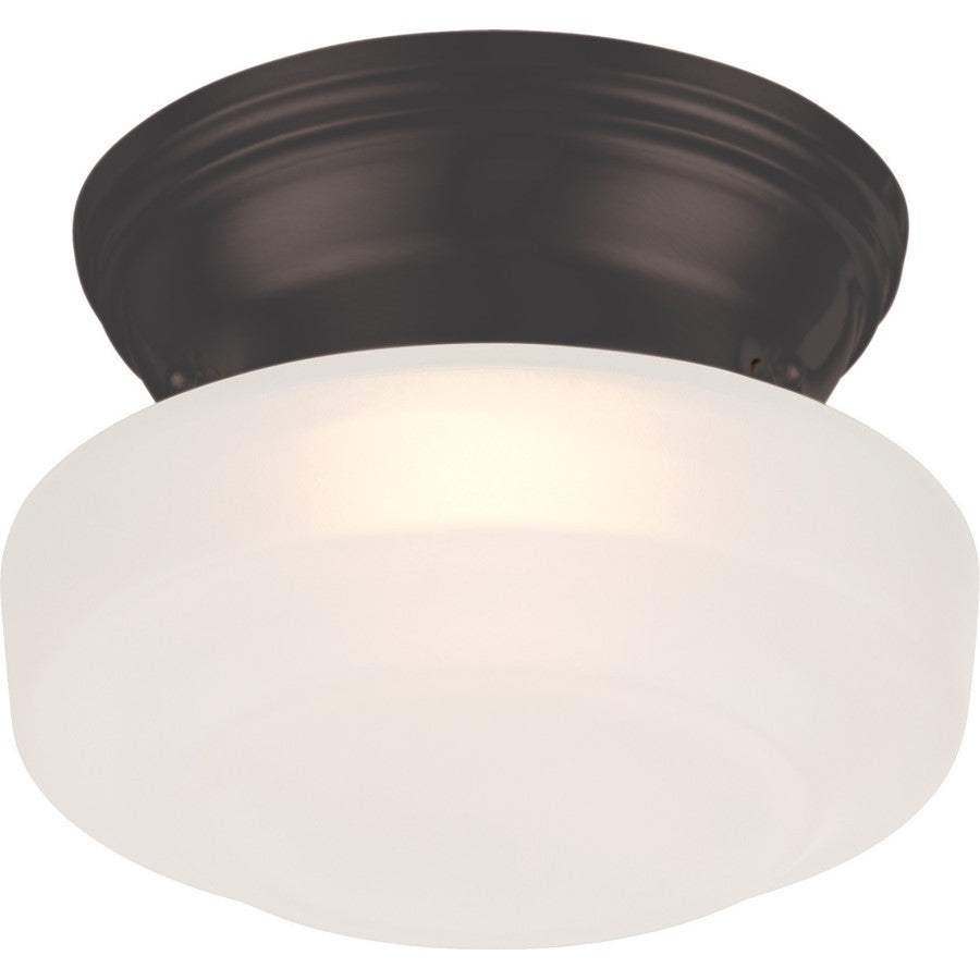 Nuvo Lighting Bogie 6in 1-Light LED Flush Mount | Transitional Aged Bronze and Frosted Glass | Bathroom & Covered Patio | 6 x 6 x 4 in | Model 62-701