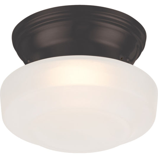 Nuvo Lighting Bogie 6in 1-Light LED Flush Mount | Transitional Aged Bronze and Frosted Glass | Bathroom & Covered Patio | 6 x 6 x 4 in | Model 62-701