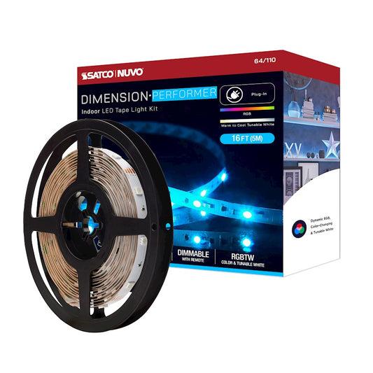 Nuvo Lighting Performer 16ft RGBW+Tunable White LED Tape Light Kit | Utility White Finish | Bedroom, Shelving & Accent Lighting | 1120 | Model 64-110