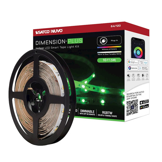 Nuvo Lighting DIMENSION Plus 16ft RGB/Tunable White LED Tape Light Kit | Smart Home Utility White Plug-In | Living Room & Gaming Accent | Model 64-120