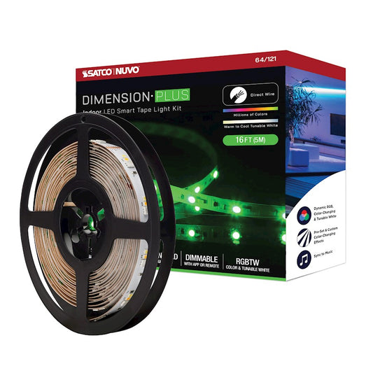 Nuvo Lighting DIMENSION Plus 16.4ft RGB+Tunable White Tape Light | Smart LED Strip with IR Remote | Living Room & Gaming Accent Lighting | Model 64-121
