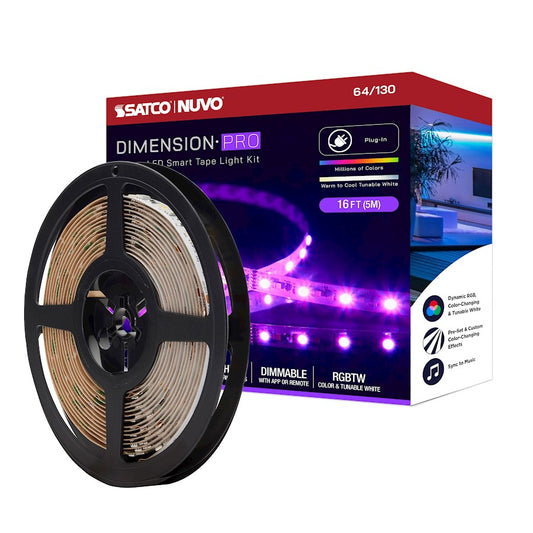 Nuvo Lighting Pro Tape 196.85in RGB+Tunable White LED Tape Light | Smart App-Controlled Color-Changing | Living Room & Gaming Room Accent | Model 64-130
