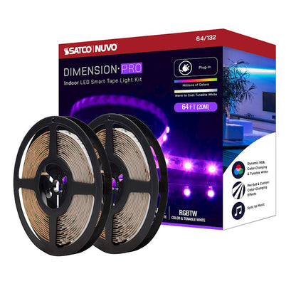 Nuvo Lighting Pro Tape 64ft RGB+Tunable White LED Tape Light | Smart App-Controlled White Plug-In Strip | Kitchen, Living Room & Gaming | Model 64-132