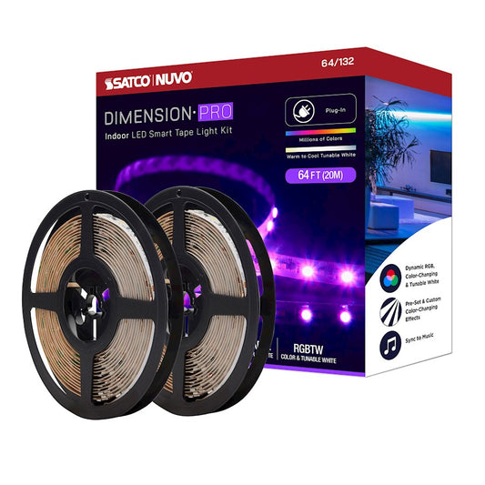 Nuvo Lighting Pro Tape 64ft RGB+Tunable White LED Tape Light | Smart App-Controlled White Plug-In Strip | Kitchen, Living Room & Gaming | Model 64-132