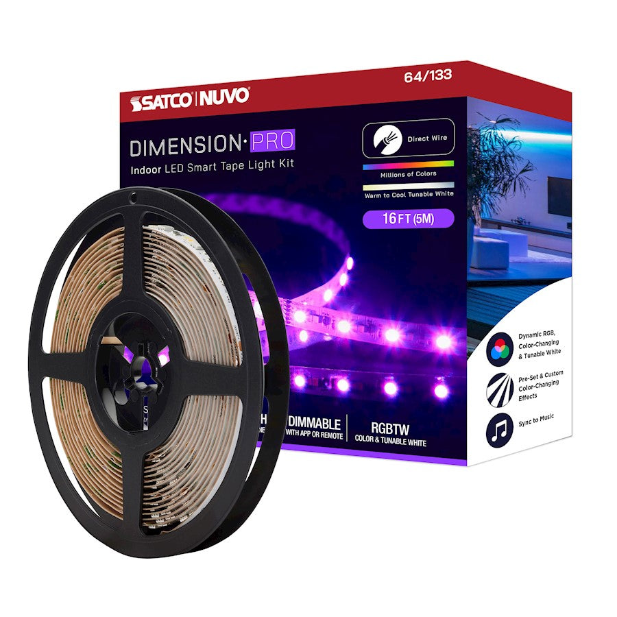 Nuvo Lighting Pro Tape 16ft RGB/Tunable White LED Tape Light Kit | Smart App-Controlled Direct-Wire | Living Room & Gaming Room Accent | Model 64-133
