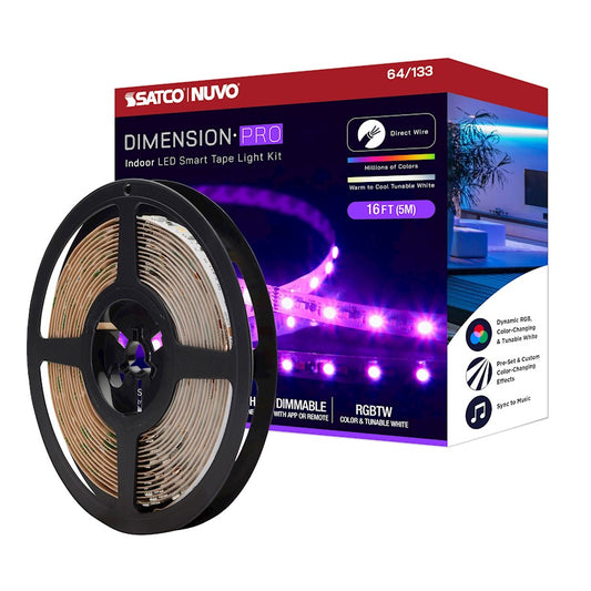 Nuvo Lighting Pro Tape 16ft RGB/Tunable White LED Tape Light Kit | Smart App-Controlled Direct-Wire | Living Room & Gaming Room Accent | Model 64-133