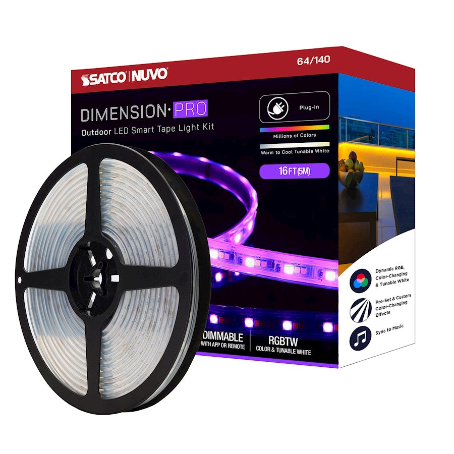 Nuvo Lighting Pro Tape 196.85in 1-Light LED Tape Light | Utility White RGB/Tunable White | Outdoor Patio & Deck Accent | 196.85 x 0.55 in | Model 64-140