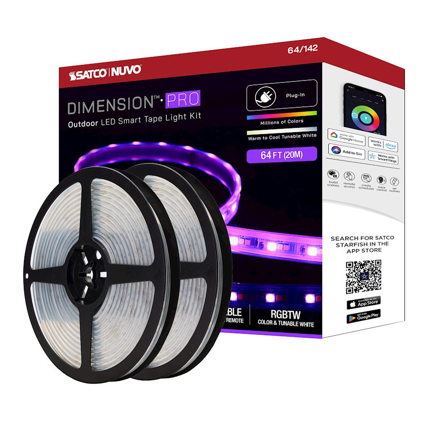 Nuvo Lighting Pro Tape 64ft RGB+Tunable White LED Tape Light | Smart App-Controlled Outdoor Strip | Patio & Deck Accent | 6300 Lumens, 68W | Model 64-142