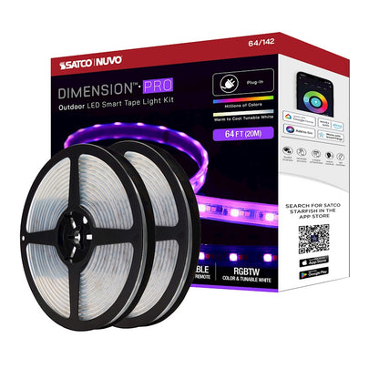 Nuvo Lighting Pro Tape 64ft RGB+Tunable White LED Tape Light | Smart App-Controlled Outdoor Strip | Patio & Deck Accent | 6300 Lumens, 68W | Model 64-142