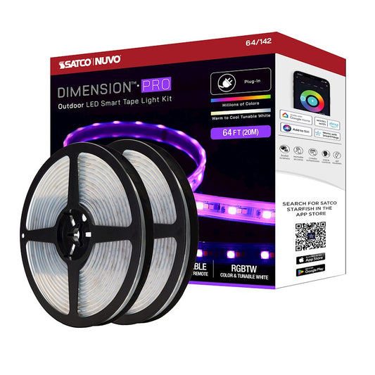 Nuvo Lighting Pro Tape 64ft RGB+Tunable White LED Tape Light | Smart App-Controlled Outdoor Strip | Patio & Deck Accent | 6300 Lumens, 68W | Model 64-142