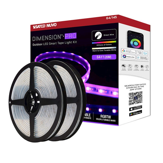 Nuvo Lighting Pro Tape 64ft RGB/Tunable White LED Tape Light | White Utility Direct-Wire | Outdoor Deck & Patio Accent | 6300 Lumens, 68W | Model 64-145