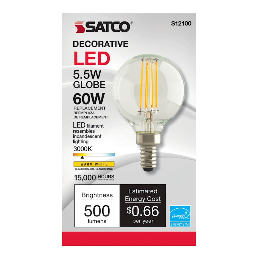 Nuvo Lighting Satco 5.5W G16 1/2 LED Candelabra Bulb | Clear Glass Dimmable | Chandelier & Sconce Accent Light | 500 Lumens 3000K 80 CRI | Model S12100
