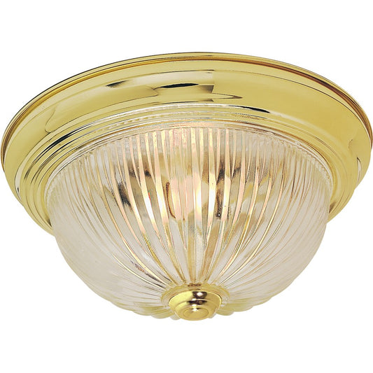 Nuvo 2-Light 11in Flush Mount | Traditional Polished Brass and Clear Ribbed Glass | Entryway & Hallway Ceiling Light | 11.25 x 5 in, Damp | Model SF76-091
