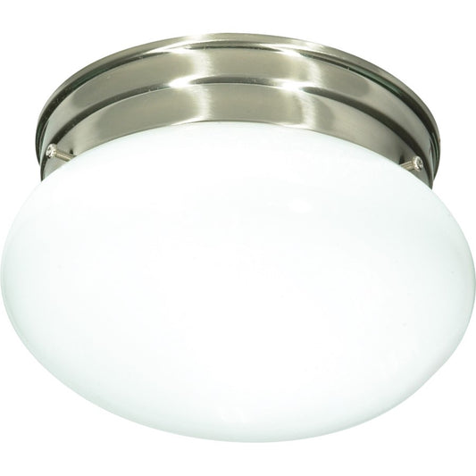 Nuvo 1-Light 8in Flush Mount | Traditional Brushed Nickel and Small White Mushroom Glass Shade | Hallway & Bathroom Damp-Rated | 7.5 x 5 | Model SF76-601
