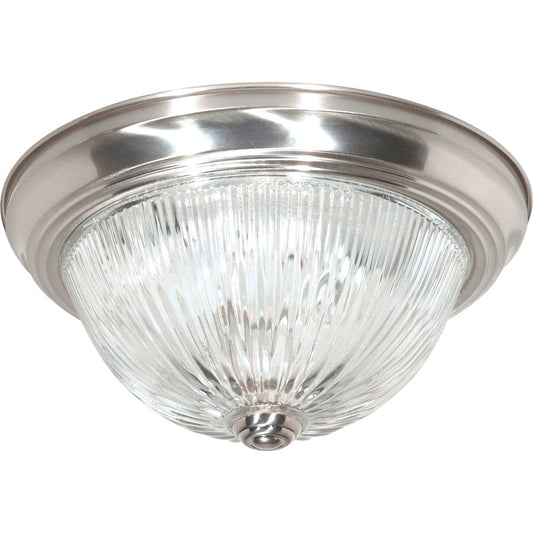 Nuvo 2-Light 11in Flush Mount | Traditional Brushed Nickel and Clear Ribbed Glass | Bedroom & Hallway Ceiling Light | 11.375 x 4.875 in | Model SF76-609
