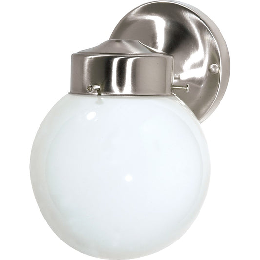Nuvo Lighting SF76-705 1-Light Outdoor Wall Sconce | Traditional Brushed Nickel and White Glass | Covered Patio & Entryway | 5.5 x 8.5 | Model SF76-705