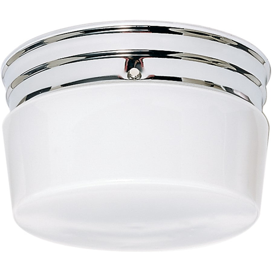 Nuvo 2-Light 8in Flush Mount | Traditional Polished Chrome and White Glass Drum | Bathroom & Hallway Damp-Rated Ceiling Light | 8 x 8 x 6 | Model SF77-343