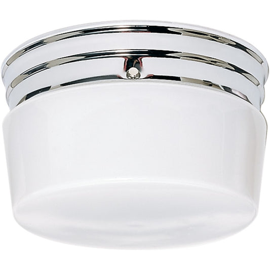 Nuvo 2-Light 8in Flush Mount | Traditional Polished Chrome and White Glass Drum | Bathroom & Hallway Damp-Rated Ceiling Light | 8 x 8 x 6 | Model SF77-343