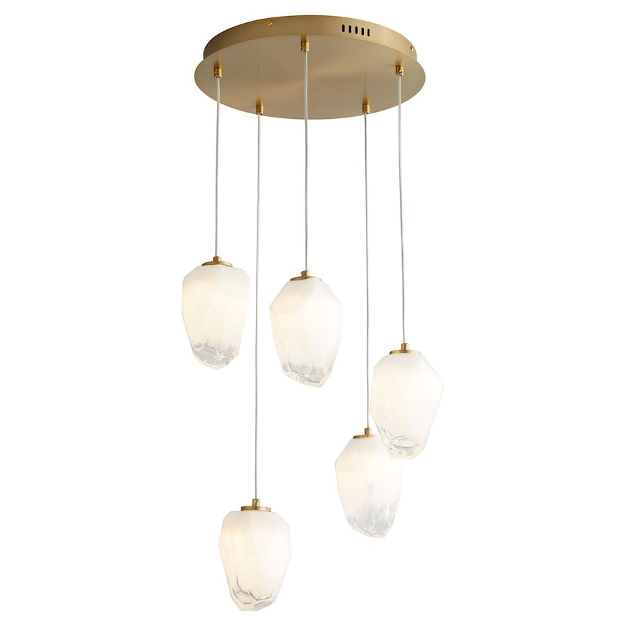 5 Light Pendant, Aged Brass