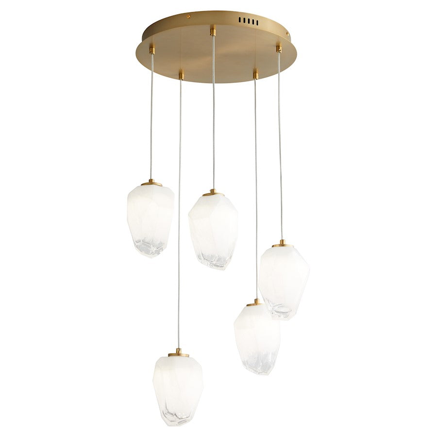 5 Light Pendant, Aged Brass