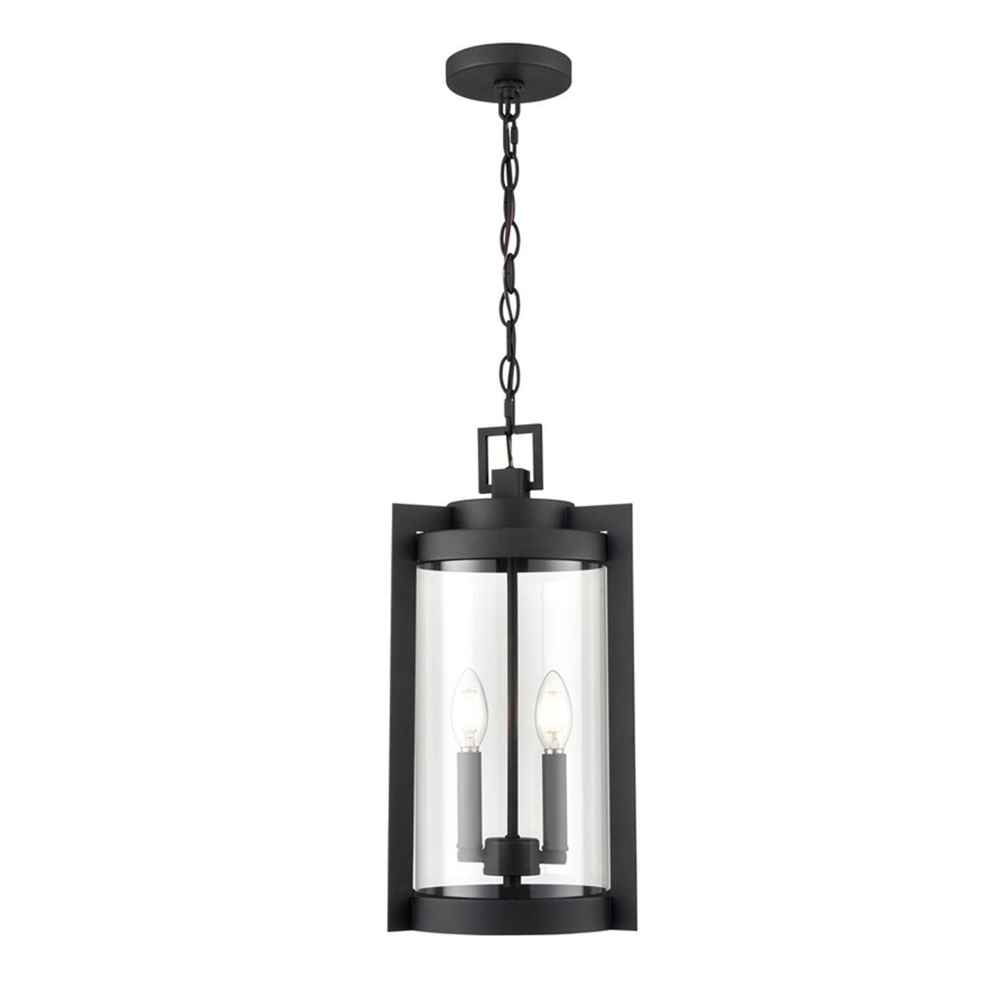 OPEN BOX: Millennium Lighting Ellway 2-Light Outdoor Hanging Lantern | Textured Black and Clear Glass | Porch & Patio | Model MN91532-TBK
