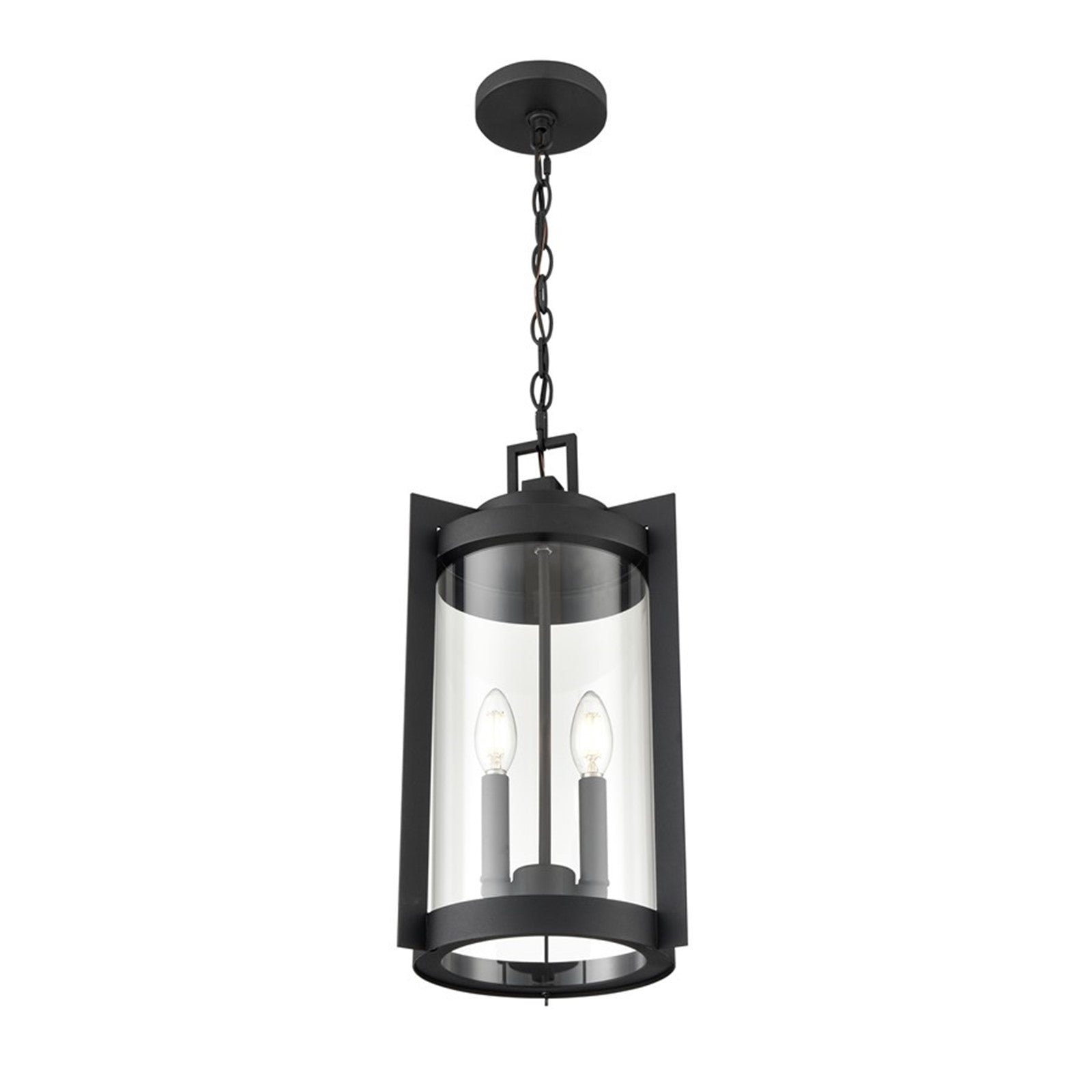OPEN BOX: Millennium Lighting Ellway 2-Light Outdoor Hanging Lantern | Textured Black and Clear Glass | Porch & Patio | Model MN91532-TBK