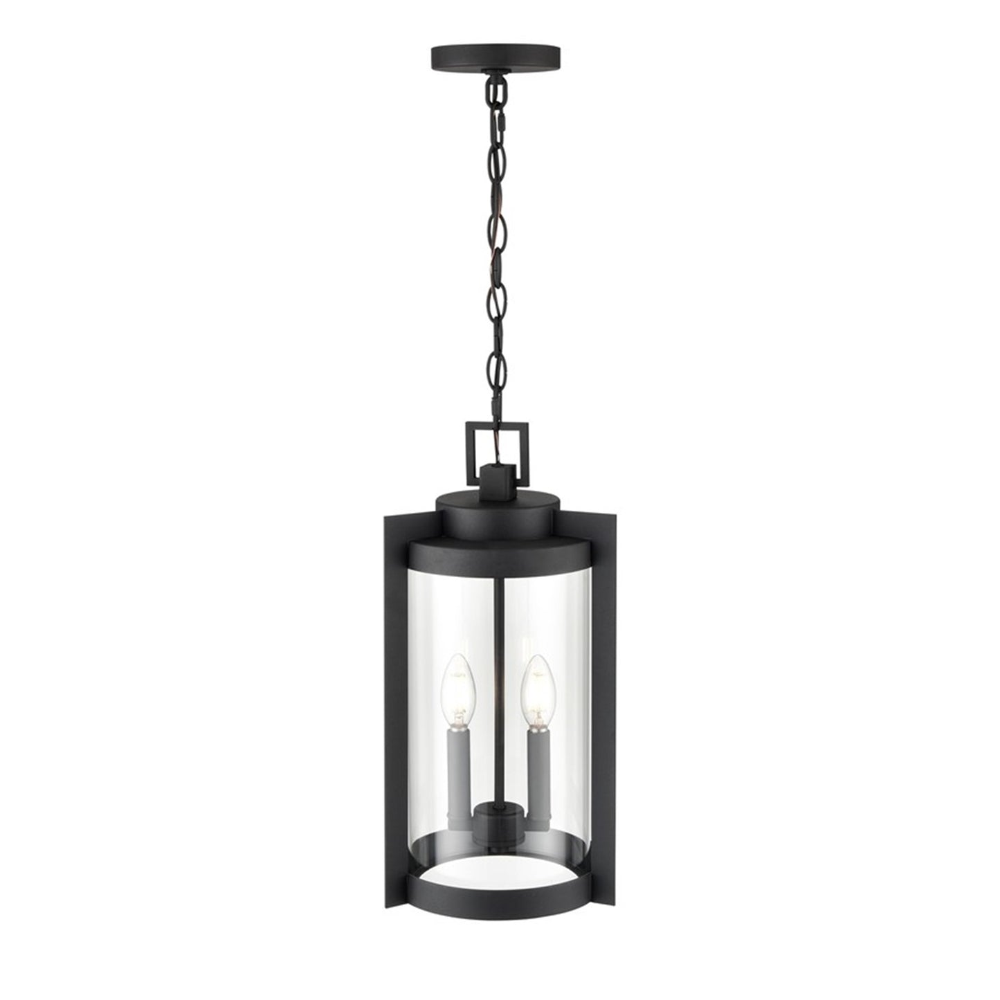 OPEN BOX: Millennium Lighting Ellway 2-Light Outdoor Hanging Lantern | Textured Black and Clear Glass | Porch & Patio | Model MN91532-TBK