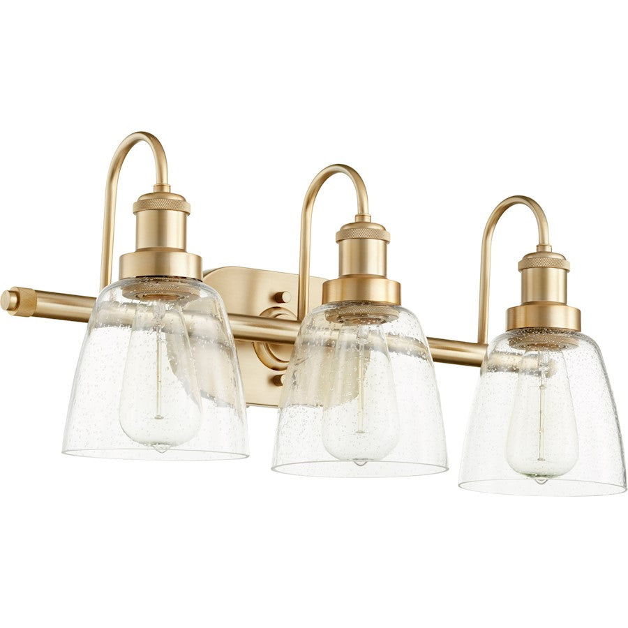 Quorum 3 Light Clear/Seeded Vanity, Aged Brass