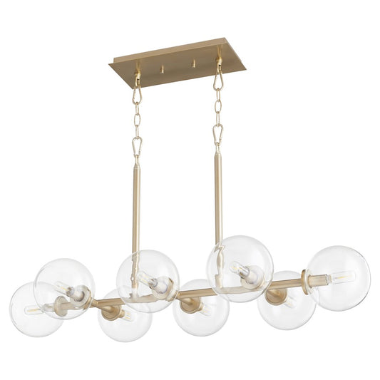 8 Light Linear Chandelier, Aged Brass
